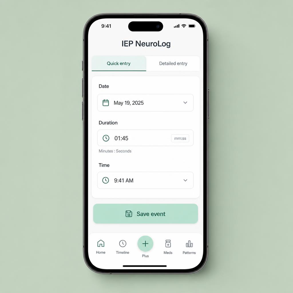 IEP NeuroLog quick seizure entry screen with date, duration, and time fields
